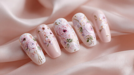 Close up of five nails with floral designs on a pink satin fabric background