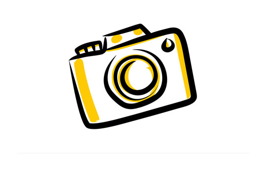 Whimsical hand drawn illustration of a vintage style camera with a bright yellow accent and bold black outline