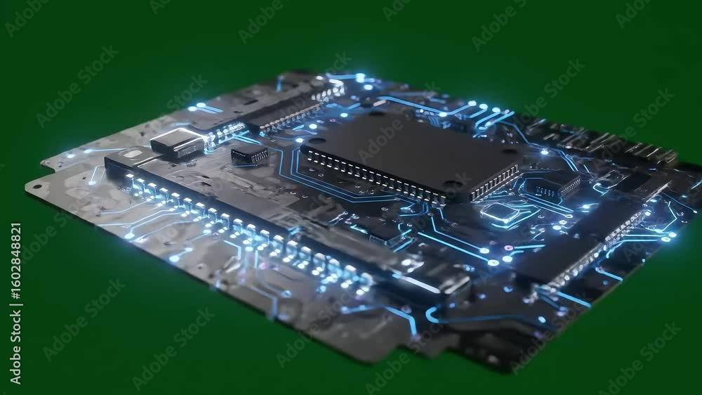 Poster close-up view of a glowing circuit board with intricate patterns and lights, showcasing technology i