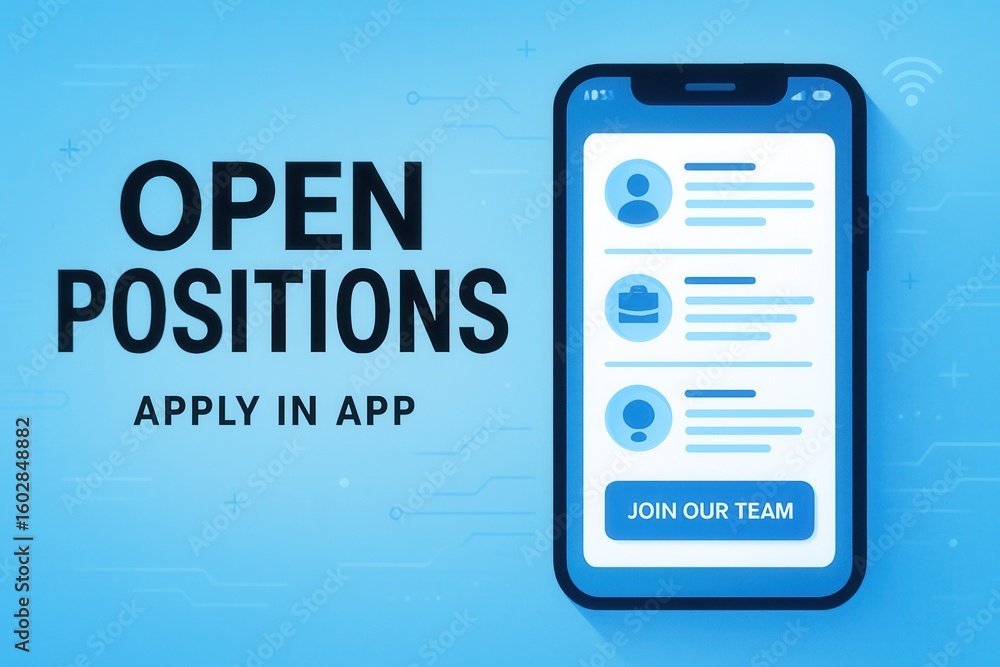 Poster digital illustration showing a mobile phone with a job application interface and text 