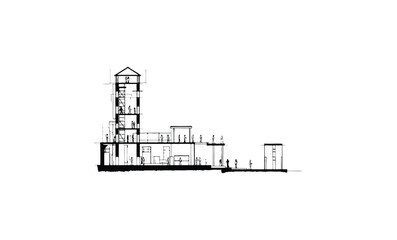 Naklejka premium Architectural cross-section of multi-level building with interior detailing. Vector retro hand drawn illustration.