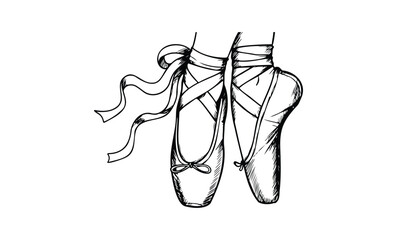 Elegant pointe shoes sketch with ribbons highlighting ballet grace. Vector retro hand drawn illustration.