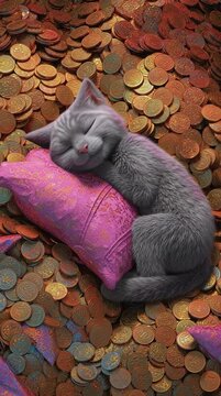 A cat sleeping on a pile of gold coins with a pillow in its arms.