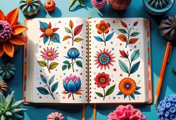 A vibrant open sketchbook filled with colorful floral designs, surrounded by decorative flowers. Ideal for artistic projects, stationery, and creative industries.