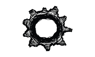 Obraz premium Hand-drawn black gear wheel on white background. Vector retro hand drawn illustration.