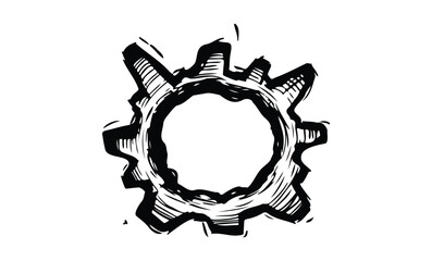Obraz premium Hand-drawn mechanical gear with detailed lines and white background. Vector retro hand drawn illustration.