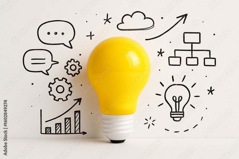 Poster yellow lightbulb with business doodles for creative ideas innovation brainstorming and problem solvi