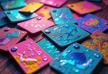 Vibrant, embossed art pieces showcase a mix of playful designs and colors. Perfect for creative projects, branding, or children’s products.