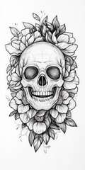 Tattoo design: a skull with flowers surrounding it