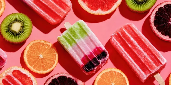 Summer ice pops and fruit slices arranged flat lay