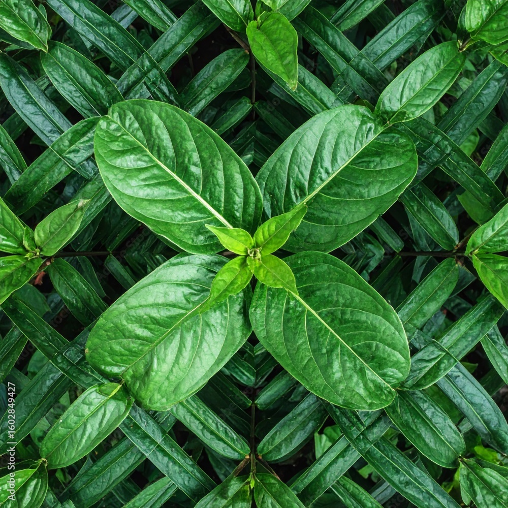 Poster symmetrical green leaves pattern with geometric texture in an overhead view