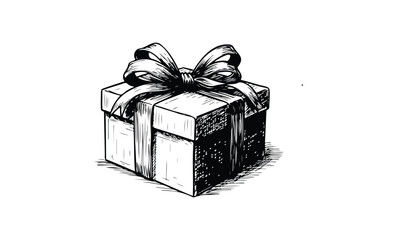 Ink drawing of gift box with ribbon and bow in black and white sketch style. Vector retro hand drawn illustration.