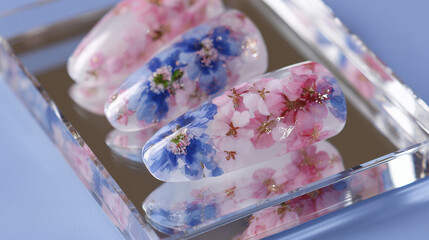 Close up of three artificial nails decorated with pink and blue flowers on tray