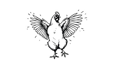 Obraz premium Dynamic rooster sketch with outstretched wings in black and white. Vector retro hand drawn illustration.