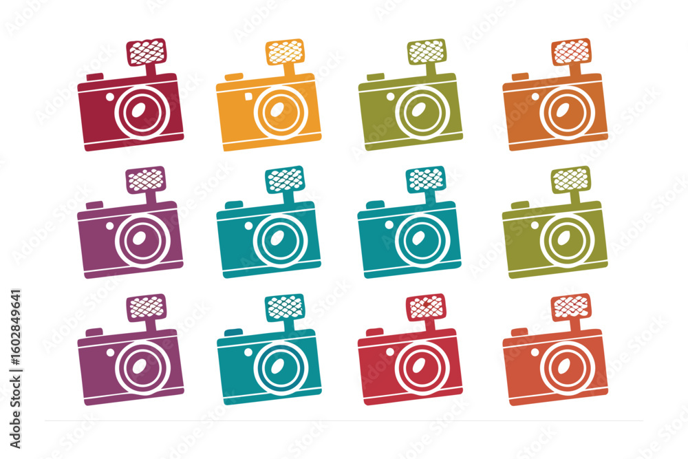 Aufkleber a vibrant collection of stylized retro cameras displayed in a grid of four rows and three columns