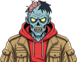 Scary cartoon zombie character with exposed brain in hoodie and jacket, undead monster illustration