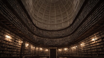 A grand, circular library with tiered bookshelves reaching a domed ceiling, illuminated by warm lights, creating a sense of awe and history
