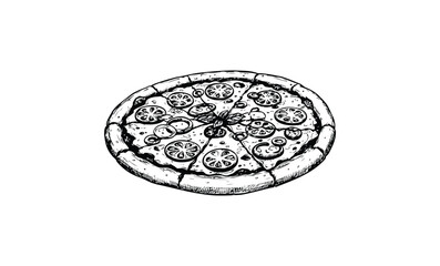 Hand-drawn detailed black and white pizza illustration with toppings. Vector retro hand drawn illustration.