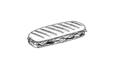 Grilled panini sandwich drawing with lettuce and cheese. Vector retro hand drawn illustration.