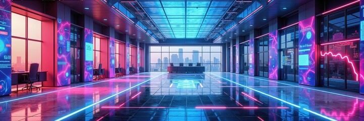 A futuristic office interior with vibrant neon lighting, large windows, and a sleek design. Perfect for tech, innovation, and modern business themes.