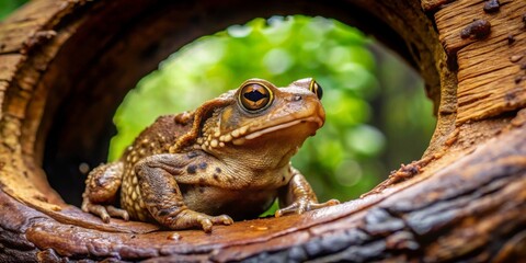 A Curious Amphibian Perched Within a Natural Wooden Enclosure, Exhibiting Intricate Textural Details and Vibrant Coloration