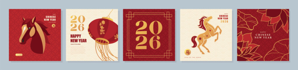 Set of Chinese New Year 2026 greeting cards in red and gold colors. Banners with horse zodiac symbol and traditional asian elements like lantern and floral pattern for lunar new year celebration