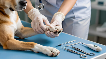 Close-up of a veterinarian wearing white gloves examining a dog's paw on an examination table. There are medical instruments on the table, such as scissors, tweezers, and a thermometer. The image conv