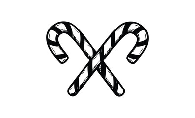 Monochrome candy canes illustration: vintage style black and white holiday sweets design. Vector retro hand drawn illustration.