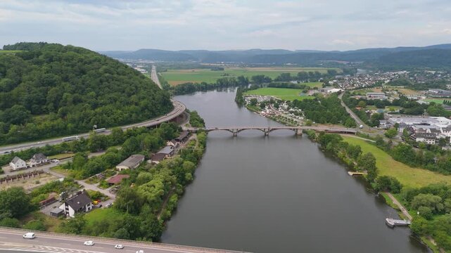 Moselle Viaduct Schweich near Trier, bridge of highway crossing the Mosel river in the valley, german autobahn, aerial view
