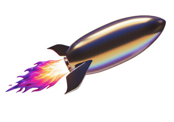 Isolated Metallic Rocket with Colorful Flames