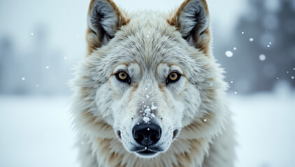 Detailed front view of arctic wolf with windblown fur and icy textures in snow
