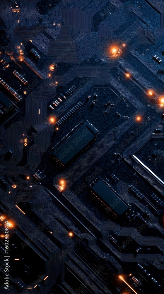 Aufkleber illuminated circuit board on dark background with glowing elements