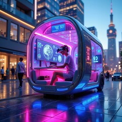 A futuristic mobile workstation showcases innovative technology and virtual reality in a vibrant urban setting, perfect for smart city and tech innovation themes.