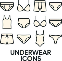 Vector Icon Set of Male and Female Underwear Including Bras, Panties, Boxers, Lingerie, Undergarments for Fashion and Apparel Design

