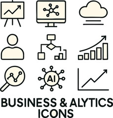 Line Icons Set Representing Business, Data Analytics, Performance Metrics, Strategy, Cloud Computing, and Corporate Communication

