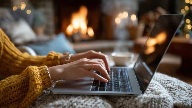 Cozy Workspace with laptop: A person uses laptop with their hands, bathed in the warm glow of the fireplace, working from a cozy spot