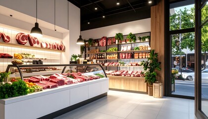 Modern butcher shop interior, showcasing fresh meat and produce