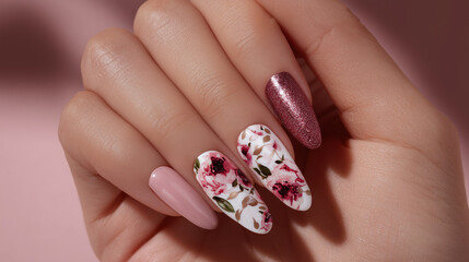 Close up of hand with pink and floral nail art against a pink background