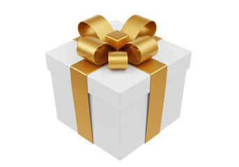 Isolated White Gift Box with Gold Ribbon