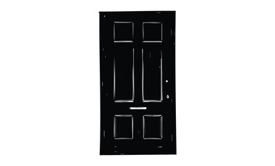 Black closed door with rectangular panels on white background. Vector retro hand drawn illustration.