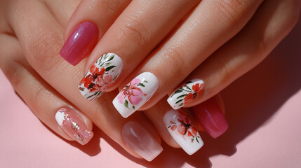 Close up of hands with floral nail art on a pink background in soft lighting