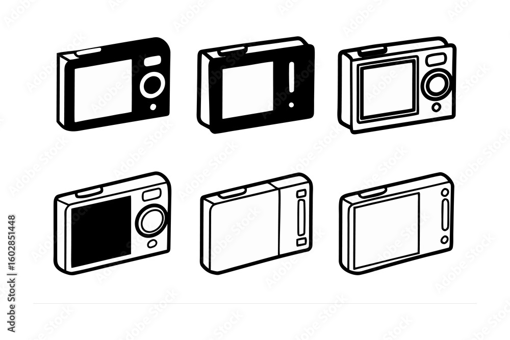 Poster collection of six stylized digital camera illustrations showing front and back views in a clean line