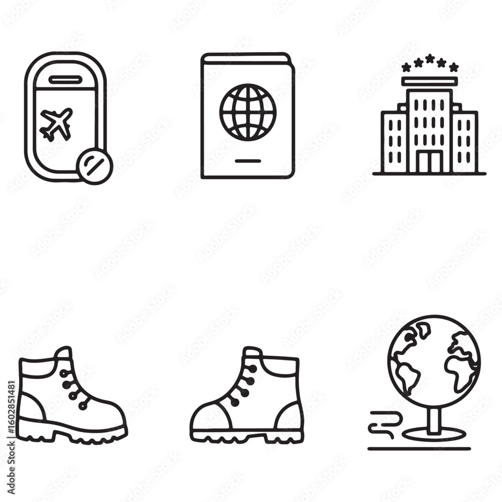 Aufkleber minimalist line art icons representing travel and adventure concepts with associated elements