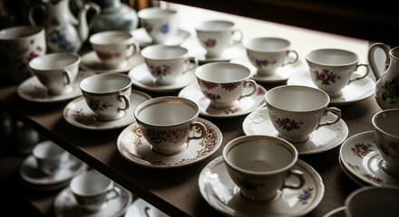 A collection of vintage teacups and saucers, delicately adorned with floral patterns, rests on a dark wooden shelf.