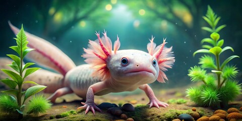 A whimsical axolotl emerges from a lush aquatic garden, its delicate feathery gills catching the light