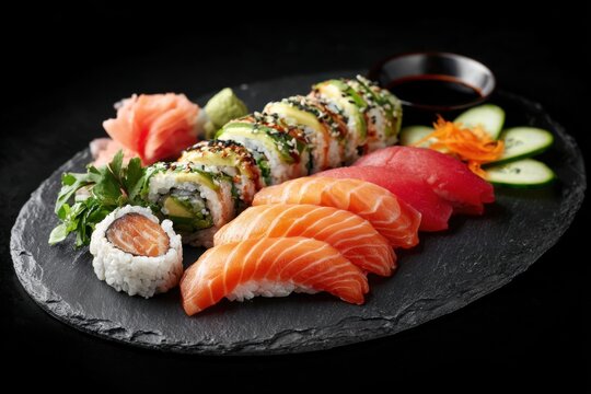 Sushi rolls. Composition of different kinds of sushi on black slate board. Fresh Set of delicious Japanese Shushi. Close up, food takeout. Variety of types sushi with salmon, cheese, caviar. Top view