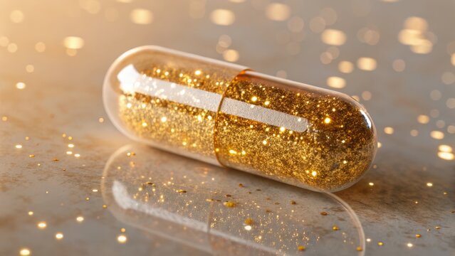 Sparkling gold glitter capsule on a reflective surface with bokeh lights - Powered by Adobe