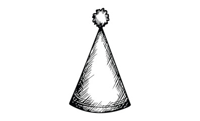 Sketch of a minimalist party hat with pom-pom on top. Vector retro hand drawn illustration.