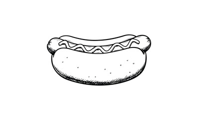 Fototapeta premium Black and white hot dog sketch with detailed sausage and bun design. Vector retro hand drawn illustration.