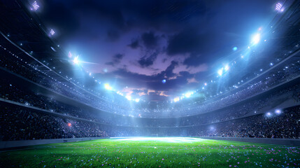 Stadium Illumination: A dynamic panorama unfolds as stadium lights bathe a vast stadium field in an ethereal glow. the venue prepares for an event